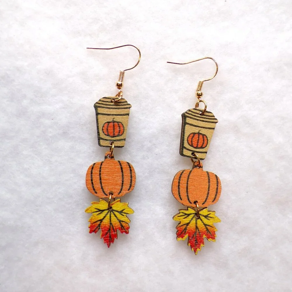 NEW Fall Wood Dangle Earrings Coffee Pumpkin Leaf